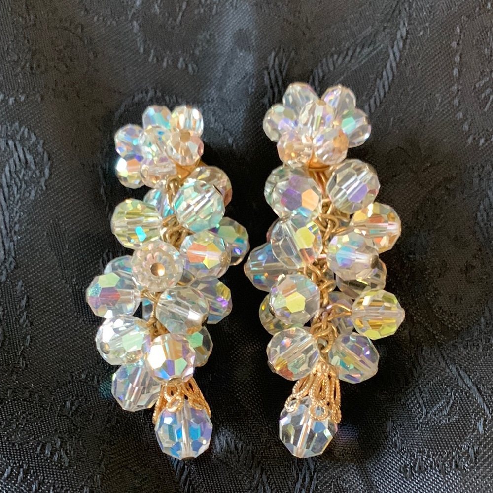Gold and Beaded Cluster Drop Earrings with Iridescent Crystals